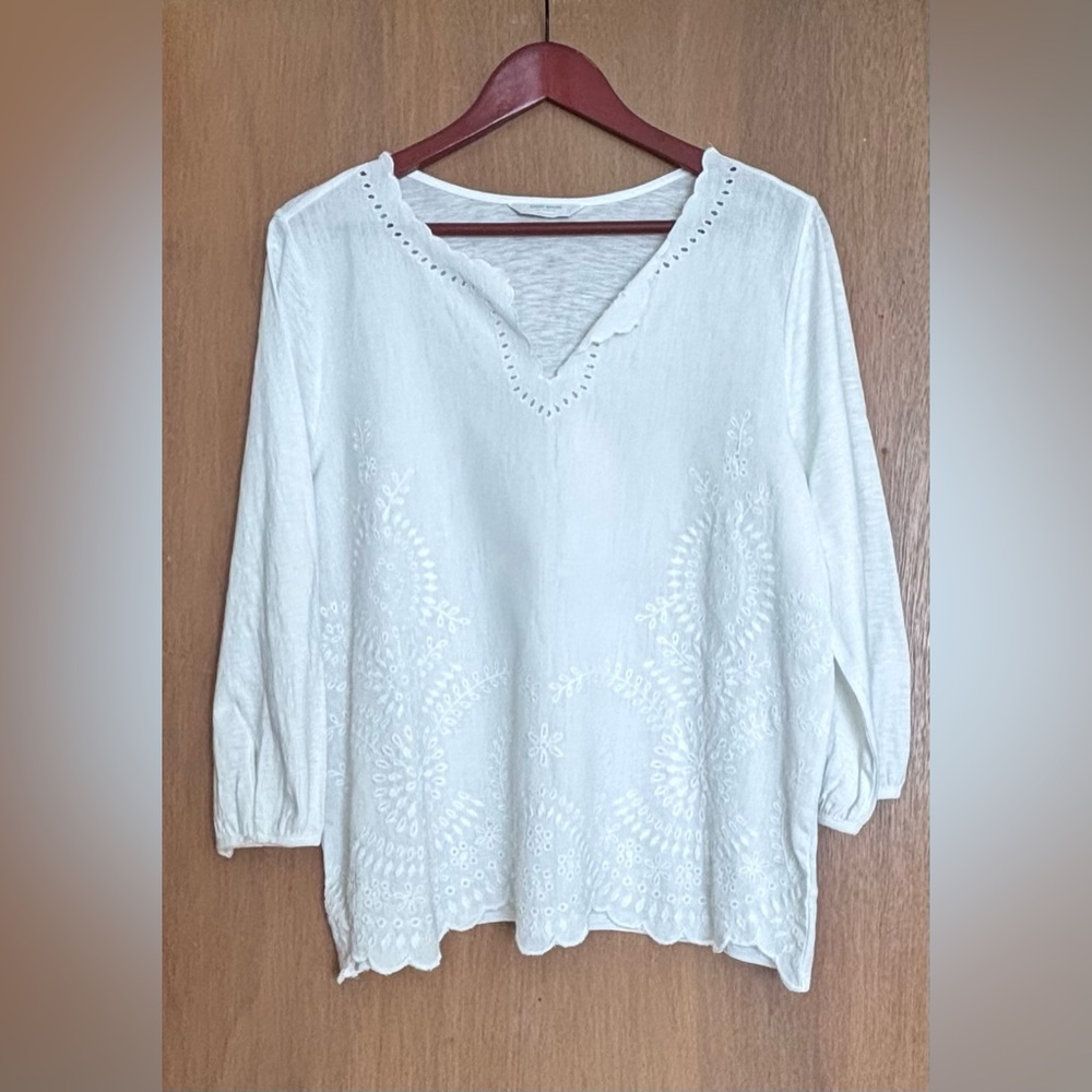 Lucky Brand Women’s Long Sleeve White Cotton Boho Embroidered Top Size Large
